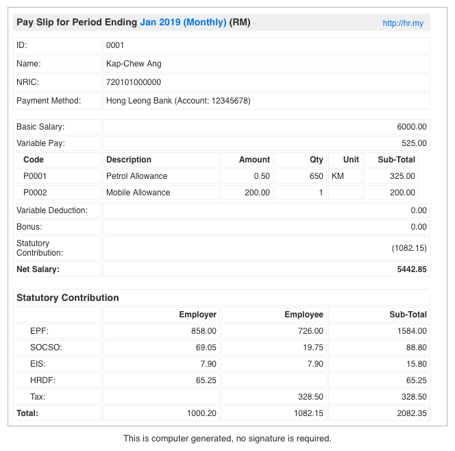 Payslip generated by HR.my